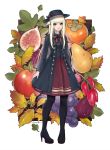  1girl absurdres apple arms_at_sides artist_name au_ra black_footwear black_headwear blonde_hair blue_eyes bow clearpage final_fantasy final_fantasy_xiv food fruit full_body grapes hat hat_bow high_heels highres long_sleeves looking_at_viewer pantyhose red_bow signature solo 