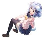  1girl :d absurdres black_legwear blue_hair bow brown_eyes brown_footwear dog_hair_ornament dog_tail error fang full_body hair_bow hand_up highres inuyama_tamaki invisible_chair long_sleeves looking_at_viewer medium_hair navy_blue_skirt open_mouth pink_serafuku pleated_skirt revision school_uniform serafuku sitting siyuan9629 skin_fang skirt smile solo tail thigh-highs tsukudani_norio_channel virtual_youtuber white_background 