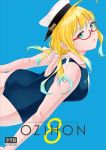  1girl ahoge aqua_eyes ass bangs blonde_hair blue_background blue_swimsuit breasts commentary_request cover cover_page cowboy_shot doujin_cover glasses gradient_hair hair_ribbon hat highres i-8_(kantai_collection) kantai_collection lips low_twintails medium_breasts multicolored_hair ojipon one-piece_swimsuit parted_lips peaked_cap red-framed_eyewear ribbon school_swimsuit simple_background solo swimsuit twintails white_headwear 