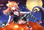  1girl animal bat black_dress black_legwear blue_hair blush breasts commentary_request copyright_request dress full_body full_moon gloves hair_ornament halloween jack-o&#039;-lantern long_hair looking_at_viewer masayo_(gin_no_ame) moon multicolored_hair night night_sky orange_hair pink_footwear puffy_short_sleeves puffy_sleeves revision see-through shoes short_sleeves sitting sky small_breasts smile solo streaked_hair thigh-highs two_side_up v-shaped_eyebrows violet_eyes virtual_youtuber white_gloves 