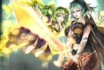  2girls armor black_cape black_shorts blue_eyes blue_hair braid breasts byleth_(fire_emblem) byleth_eisner_(female) cape fire_emblem fire_emblem:_three_houses green_eyes green_hair hair_ornament highres holding holding_sword holding_weapon large_breasts long_hair medium_hair multiple_girls navel navel_cutout open_mouth pantyhose pointy_ears short_shorts shorts sothis_(fire_emblem) sword tea_texiamato tiara twin_braids weapon 