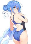  1girl ass back back_cutout bare_arms bare_shoulders blue_eyes blue_hair blue_swimsuit blush breasts commentary_request competition_swimsuit cowboy_shot cu-no from_behind hair_bun hisenkaede holding holding_towel kohitsuji_ai large_breasts long_hair looking_at_viewer looking_back one-piece_swimsuit sidelocks simple_background smile solo sweat swimsuit towel white_background 
