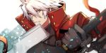  1boy ahoge black_gloves blazblue empty_eyes gloves green_eyes heterochromia holding holding_sword holding_weapon jacket long_hair looking_at_viewer male_focus ragna_the_bloodedge red_eyes red_jacket roas01b silver_hair solo sword turtleneck weapon white_background white_hair 