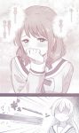  2girls bang_dream! bangs blush covering_mouth emphasis_lines flying_sweatdrops half_updo hanasakigawa_school_uniform health_bar heart long_hair long_sleeves maruyama_aya monochrome multiple_girls neck_ribbon ribbon school_uniform shaded_face shibasaki_shouji shirasagi_chisato translation_request 