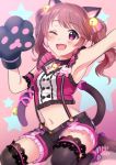  1girl absurdres animal_ears armpits bell black_legwear blush brown_hair cat_ears cat_paws cat_tail eyebrows_visible_through_hair fang gou_d highres idolmaster idolmaster_cinderella_girls idolmaster_cinderella_girls_starlight_stage long_hair looking_at_viewer navel one_eye_closed open_mouth paws pink_eyes shiina_noriko sitting smile solo tail thigh-highs twintails wariza 