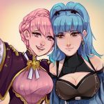  2girls alternate_hairstyle blue_hair cleavage_cutout cosplay costume_switch dress fire_emblem fire_emblem:_three_houses hair_bun hairstyle_switch highres hilda_valentine_goneril marianne_von_edmund multiple_girls older pink_eyes pink_hair smallnoot twintails 