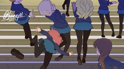 6+girls assam bangs black_footwear black_legwear blonde_hair blue_skirt blue_sweater braid brown_hair clipboard darjeeling_(girls_und_panzer) dated dress_shirt falling girls_und_panzer hair_over_shoulder highres holding holding_clipboard loafers long_hair long_sleeves looking_at_another looking_back medium_hair miniskirt multiple_girls orange_pekoe pantyhose pleated_skirt redhead rosehip rukuriri school_uniform shinmai_(kyata) shirt shoe_removed shoes short_hair single_braid skirt st._gloriana&#039;s_school_uniform stairs standing sweater tied_hair tripping twin_braids twitter_username walking white_shirt