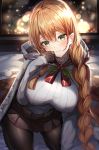  1girl alternate_costume bangs blush braid breasts brown_hair cape eyebrows_visible_through_hair girls_frontline gloves green_eyes hair_between_eyes hood hooded_cape large_breasts long_hair looking_at_viewer m1903_springfield_(girls_frontline) narae sidelocks sitting smile solo sweater white_sweater 