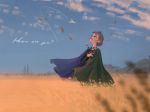  1girl anna_(frozen) blue_eyes blue_sky blurry blurry_foreground brown_hair cape clouds cloudy_sky collarbone commentary_request depth_of_field dress earrings english_text field frozen_(disney) frozen_ii_(disney) gori_matsu hair_bun hand_on_own_chest highres jewelry leaf lipstick long_sleeves looking_up makeup mountain nature outdoors palace paper_airplane profile red_lipstick sky smile solo tiara tied_hair wheat_field 
