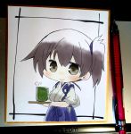  1girl blue_hakama blush brown_eyes brown_hair cup eyebrows_visible_through_hair hair_between_eyes hakama hakama_skirt holding japanese_clothes kaga_(kantai_collection) kantai_collection mechanical_pencil pencil photo short_hair side_ponytail smile solo taisa_(kari) tasuki teacup traditional_media 