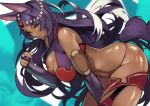  1girl 55level absurdres animal_ears aqua_eyes breasts bridal_gauntlets dark_skin egyptian_clothes elbow_gloves eyeliner fang fang_out fate/grand_order fate_(series) forehead_jewel gem gloves head_chain highres jackal_ears large_breasts long_hair makeup purple_gloves purple_hair queen_of_sheba_(fate/grand_order) revealing_clothes solo tail 