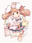  1girl :3 :o animal animal_ears animal_on_head bandaid bandaid_on_knee bangs blush brown_eyes brown_hair bunny_on_head carrot commentary_request dated dress fake_animal_ears hair_ribbon hairband highres holding holding_stuffed_animal jumping long_hair long_sleeves mokarooru on_head original paw_boots pink_shirt rabbit rabbit_ears red_ribbon ribbon shirt signature solo stuffed_animal stuffed_bunny stuffed_toy thick_eyebrows traditional_media watercolor_(medium) 