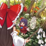  2girls absurdres ascot autumn_leaves bare_shoulders blouse bow brown_hair child commentary_request day detached_sleeves eyebrows_visible_through_hair fisheye forest hair_bow hair_ornament hair_tubes hakurei_reimu height_difference highres holding huge_bow leaf_hair_ornament long_hair long_sleeves looking_at_another mirror multiple_girls multiple_torii nature open_mouth outdoors outstretched_arms outstretched_hand purple_hair red_skirt ribbon-trimmed_sleeves ribbon_trim short_hair short_over_long_sleeves short_sleeves skirt spread_arms spread_fingers standing tatuhiro torii touhou translated tree upper_teeth v-shaped_eyebrows yasaka_kanako yellow_eyes younger 