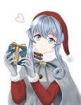  1girl blue_hair box fur-trimmed_sleeves fur_trim gift gift_box gloves gotland_(kantai_collection) grey_coat grey_gloves hair_between_eyes hat heart highres holding holding_gift kantai_collection kuroneko86 long_hair long_sleeves looking_at_viewer mole mole_under_eye santa_hat simple_background smile solo upper_body white_background 
