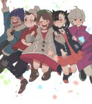  2girls 3boys annoyed beanie beet_(pokemon) black_hair black_jacket blue_jacket brown_hair choker closed_eyes dark_skin dark_skinned_male dress grey_cardigan hat highres hop_(pokemon) jacket jumping locked_arms mary_(pokemon) masaru_(pokemon) multiple_boys multiple_girls open_mouth pink_dress pokemon pokemon_(game) pokemon_swsh purple_hair purple_jacket red_shirt shirt silver_hair smile tam_o&#039;_shanter twintails wim_wim yuuri_(pokemon) 