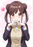  1girl bangs black_jacket blazer blush brown_eyes brown_hair character_name collared_shirt commentary_request cover cover_page double_bun doujin_cover harunabe_(refresh_star) heart idolmaster idolmaster_shiny_colors jacket long_sleeves looking_at_viewer neck_ribbon ribbon school_uniform shirt sidelocks solo sonoda_chiyoko sweater_vest twintails twitter_username upper_body white_shirt x_fingers yellow_neckwear 
