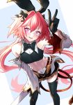  1boy astolfo_(fate) astolfo_(saber)_(fate) bangs bare_shoulders black_bow black_gloves black_legwear black_ribbon blush bow bowtie commentary_request fate/grand_order fate_(series) gloves hair_bow hair_intakes hair_ribbon hyuu_(sing-dog) long_hair long_sleeves looking_at_viewer multicolored_hair navel otoko_no_ko pink_hair revision ribbon simple_background skirt smile solo streaked_hair thigh-highs twintails v very_long_hair violet_eyes white_hair 