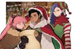  1girl 2boys absurdres animal_costume antlers brown_hair christmas_tree claude_von_riegan closed_mouth dark_skin dark_skinned_male earrings fire_emblem fire_emblem:_three_houses funyanrinpa fur_trim gloves green_eyes hat highres hilda_valentine_goneril holding jewelry long_hair lorenz_hellman_gloucester multiple_boys pink_eyes pink_hair pointy_ears pom_pom_(clothes) ponytail purple_hair red_headwear reindeer_antlers reindeer_costume santa_costume santa_hat short_hair violet_eyes 