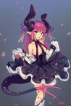  1girl aqua_eyes bangs breasts commentary corset curled_horns curtsey dragon_girl dragon_horns dragon_tail elizabeth_bathory_(fate)_(all) english_commentary eyebrows_visible_through_hair fate/extra fate/extra_ccc fate/grand_order fate_(series) forked_tail horns legs_together long_hair optionaltypo pink_hair pointy_ears small_breasts solo standing tail two_side_up 