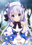  1girl animal_hat bare_shoulders black_neckwear blue_eyes cat_hat commentary_request detached_sleeves dress forest gochuumon_wa_usagi_desu_ka? hair_ornament hat kafuu_chino light_blue_hair long_hair looking_at_viewer nature necktie rikatan solo standing x_hair_ornament 