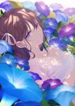  1girl achiki backlighting bangs blue_flower breasts brown_hair closed_mouth commentary_request crying crying_with_eyes_open dress dutch_angle eyebrows_visible_through_hair flower hair_between_eyes hair_ribbon looking_at_viewer lying on_back original purple_flower ribbon see-through small_breasts solo tears upper_body violet_eyes white_dress white_ribbon 