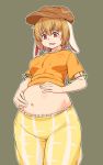  1girl animal_ears bangs belly blonde_hair blush breasts brown_headwear commentary_request cowboy_shot crop_top eyebrows_visible_through_hair flat_cap grey_background hair_between_eyes hat highres kakone medium_breasts midriff navel open_mouth orange_shirt pants plump rabbit_ears red_eyes ringo_(touhou) shirt short_hair short_sleeves simple_background solo standing stomach sweat touhou weight_conscious yellow_pants 
