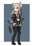  1girl :3 american_flag_neckwear animal_ear_fluff animal_ears assault_rifle azur_lane black_footwear black_legwear blush boots cat_ears cellphone closed_mouth combat_boots commentary_request covered_navel cross-laced_footwear dedorudy elbow_gloves fingerless_gloves forehead full_body gloves gradient_hair green_eyes gun highres holding holding_phone looking_to_the_side m4_carbine multicolored_hair neckerchief pantyhose phone rifle rigging sailor_collar sims_(azur_lane) smartphone smile solo standing thighband_pantyhose torpedo_tubes two_side_up weapon white_hair white_sailor_collar 