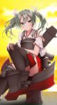  1girl black_footwear blush boots dark_green_hair flight_deck green_eyes green_hair hair_between_eyes hair_ribbon highres kantai_collection kirigakure_(kirigakure_tantei_jimusho) long_hair looking_at_viewer muneate ribbon sitting solo tasuki thigh-highs thigh_boots twintails white_ribbon zuikaku_(kantai_collection) 