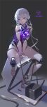 1girl absurdres android bangs blue_eyes breasts cable colored_tongue dated grey_background highres joints large_breasts long_hair looking_at_viewer mechanical_arms mechanical_legs mechanical_parts original purple_tongue ribao robot_joints signature sitting solo sweat tongue tongue_out white_hair 