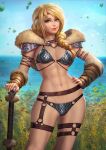  1girl aqua_eyes arm_warmers armor artist_name astrid_hofferson belt bikini_armor blue_sky braid breasts bush closed_mouth cowboy_shot day fur_trim hair_over_shoulder hand_on_hip headband horizon how_to_train_your_dragon long_hair medium_breasts mixed-language_commentary motion_blur navel nudtawut_thongmai o-ring ocean older outdoors red_lips shoulder_armor single_braid skull sky smile solo stomach thigh_strap toned veins veiny_breasts watermark 