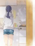  1girl absurdres ass blue_hair cooking denim denim_shorts from_behind grey_hoodie highres hood hood_down indoors kawa_nen kitchen long_hair love_live! love_live!_sunshine!! matsuura_kanan ponytail pot shorts solo steam stove towel 