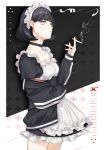  1girl absurdres bangs black_hair blunt_bangs bob_cut breasts choker cigarette earrings english_text eyebrows_visible_through_hair highres jacket jewelry looking_at_viewer maid maid_headdress mole mole_under_mouth off_shoulder original parted_lips red_nails short_hair smoke solo usuke_(u_skeeep) violet_eyes 