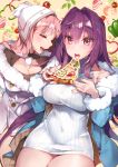  2girls alternate_costume breasts buttons cleavage_cutout closed_eyes coat commentary_request covered_navel eating eyebrows_visible_through_hair fate/grand_order fate_(series) food fur_trim hair_intakes hat kanola_u large_breasts long_hair medb_(fate)_(all) multiple_girls open_mouth pink_hair pizza purple_hair red_eyes revision scathach_(fate)_(all) scathach_(fate/grand_order) sweater turtleneck turtleneck_sweater yellow_background 