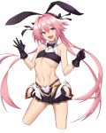  1boy absurdres astolfo_(fate) astolfo_(saber)_(fate) bangs bare_shoulders belt black_bow black_gloves black_neckwear black_ribbon black_shirt black_skirt blush bow bowtie crop_top fang fate/grand_order fate_(series) faulds gloves hair_between_eyes hair_bow hair_intakes hair_ribbon highres long_hair looking_at_viewer low_twintails multicolored_hair navel nekosama_shugyouchuu open_mouth otoko_no_ko pink_hair pleated_skirt ribbon shirt simple_background skirt smile solo streaked_hair thighs twintails violet_eyes white_background white_hair wing_collar 