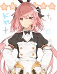  1boy astolfo_(fate) astolfo_(saber)_(fate) bangs black_bow black_dress black_neckwear black_ribbon blush bow bowtie buttons closed_mouth dress fate/grand_order fate_(series) hair_between_eyes hair_bow hair_intakes hair_ribbon juliet_sleeves layered_skirt long_hair long_sleeves looking_at_viewer low_twintails multicolored_hair otoko_no_ko pink_hair puffy_sleeves ribbon simple_background skirt smile solo star streaked_hair twintails violet_eyes white_background white_hair white_skirt wide_sleeves wing_collar younomiti 