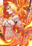  1girl absurdres ameneshi armor armored_dress bangs bare_shoulders blonde_hair breasts chain fate/apocrypha fate/grand_order fate_(series) faulds fire flag from_side gauntlets headpiece highres holding holding_flag jeanne_d&#039;arc_(fate) jeanne_d&#039;arc_(fate)_(all) large_breasts long_hair open_mouth plackart sideboob standard_bearer violet_eyes 