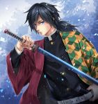  1boy bangs belt black_hair black_jacket blue_eyes buttons closed_mouth collar collared_jacket forest hand_on_belt haori highres holding holding_sword holding_weapon jacket japanese_clothes katana kimetsu_no_yaiba long_hair long_sleeves looking_at_viewer low_ponytail male_focus nature outdoors sheath snowing solo standing sword tomioka_giyuu uniform upper_body weapon wide_sleeves yuuhi_(yukivivi) 