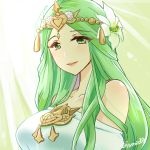  1girl cute fire_emblem fire_emblem:_three_houses fire_emblem:_three_houses fire_emblem_16 flower goddess green_eyes green_hair hair_flower hair_ornament intelligent_systems long_hair nintendo parted_lips rhea_(fire_emblem) solo tiara twitter_username upper_body yukia_(firstaid0) 