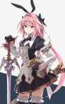  1boy astolfo_(fate) astolfo_(saber)_(fate) bangs black_bow black_dress black_gloves black_legwear black_neckwear black_ribbon blush bow bowtie buttons closed_mouth dress fang fate/grand_order fate_(series) frills gloves hair_between_eyes hair_bow hair_intakes hair_ribbon highres juliet_sleeves layered_skirt long_hair long_sleeves looking_at_viewer low_twintails multicolored_hair otoko_no_ko pink_hair puffy_sleeves ribbon sheath simple_background skirt smile solo streaked_hair sword thighs twintails violet_eyes weapon white_background white_hair white_skirt wide_sleeves wing_collar yahako 
