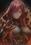  1girl black_gloves bodysuit breasts cape chain electricity evil_grin evil_smile fate/grand_order fate_(series) gloves grin hair_over_one_eye highres huge_breasts imizu_(nitro_unknown) long_hair oda_nobunaga_(fate)_(all) oda_nobunaga_(maou_avenger)_(fate) popped_collar red_eyes redhead smile smoke solo tight_top underbust 