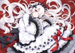  1girl black_bow bow character_request crown dress frills hair_bow hair_over_one_eye long_hair long_sleeves looking_at_viewer lying on_side red_bow ririkuto signature very_long_hair violet_eyes white_dress white_hair wide_sleeves 