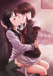  2girls absurdres bed black_eyes black_hair blurry blurry_background blush brown_hair cardigan chair closed_eyes depth_of_field dress english_commentary hand_on_another&#039;s_head hands_on_another&#039;s_back highres imminent_kiss indoors itaro kagajou_suzume kusunoki_mebuki kusunoki_mebuki_wa_yuusha_de_aru long_hair long_sleeves looking_at_another low_twintails multiple_girls neckerchief off_shoulder parted_lips profile sailor_dress school_uniform serafuku short_hair_with_long_locks sitting sitting_on_lap sitting_on_person thigh-highs twintails yuri yuusha_de_aru 