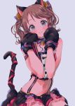  1girl :3 animal_ears armband bangs bell black_bow blue_ribbon blush bow bowtie brown_eyes brown_hair cat_ears commentary_request crop_top gloves grey_background hair_bell hair_ornament hands_on_own_cheeks hands_on_own_face highres idolmaster idolmaster_cinderella_girls idolmaster_cinderella_girls_starlight_stage jingle_bell looking_at_viewer najuco_(naju0517) navel neck_ribbon paw_gloves paws pom_pom_earrings red_ribbon ribbon shiina_noriko sitting solo striped striped_ribbon suspenders tail tail_ribbon twintails 