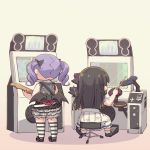  2girls arcade_cabinet ayasaka bang_dream! black_bow black_footwear black_hair bow commentary_request drum drumsticks electric_guitar from_behind guitar hair_bow instrument layered_skirt multiple_girls playing_games purple_hair shirokane_rinko shoes sitting skirt standing striped striped_legwear thigh-highs twintails udagawa_ako 