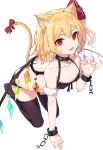  1girl :d animal_ear_fluff animal_ears arm_support bangs bare_arms bare_shoulders bell bell_choker black_bra black_legwear blonde_hair bow bra breasts cat_ears cat_tail chain choker claw_pose collarbone commentary crystal cuffs fangs flandre_scarlet hair_ribbon hand_up highres jingle_bell kemonomimi_mode kneeling looking_at_viewer no_hat no_headwear no_shoes one_side_up open_mouth red_bow red_eyes red_ribbon ribbon shackles short_hair simple_background small_breasts smile snozaki solo tail tail_bow thigh-highs thighs touhou underwear underwear_only white_background wings 