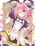  1boy astolfo_(fate) astolfo_(saber)_(fate) bangs black_bow black_dress black_gloves black_neckwear black_ribbon blush border bow bowtie brown_background buttons closed_mouth dress fate/grand_order fate_(series) flower frills gloves hair_between_eyes hair_bow hair_intakes hair_ribbon juliet_sleeves layered_skirt licking_lips long_hair long_sleeves looking_at_viewer low_twintails multicolored_hair one_eye_closed otoko_no_ko pink_hair plaid plaid_background puffy_sleeves ribbon skirt smile solo streaked_hair tongue tongue_out twintails violet_eyes w wataame106 white_bloomers white_border white_hair white_skirt wide_sleeves wing_collar 