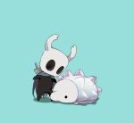  aqua_background arizuka00 black_eyes bug cape crossover gen_8_pokemon hollow_knight insect knife knight_(hollow_knight) no_humans pokemon pokemon_(creature) shadow simple_background snom standing weapon 