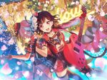 2girls aoba_moca bang_dream! black_hair blush cherry_blossoms dress gloves guitar holding_instrument holding_microphone looking_at_viewer microphone_stand mitake_ran official_art open_mouth petals red_eyes short_hair smile solo_focus tree