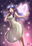 1girl :d adsouto apron artist_name blue_hair breasts caster closed_eyes facing_viewer fate/stay_night fate_(series) feet_out_of_frame floating_hair frilled_apron frills hair_intakes heart highres long_hair medea_(fate) medea_(fate)_(all) medium_breasts naked_apron no_bra open_mouth outstretched_arm pointy_ears shiny shiny_hair smile solo sparkle standing type-moon very_long_hair white_apron