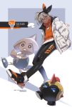  1girl blue_eyes dark_skin grey_hair gym_leader hairband hands_in_pockets headband highres hood hoodie jacket looking_at_viewer open_clothes open_jacket orange_hoodie pokemon pokemon_(game) pokemon_swsh saitou_(pokemon) shoes short_hair sneakers white_jacket zombeing 